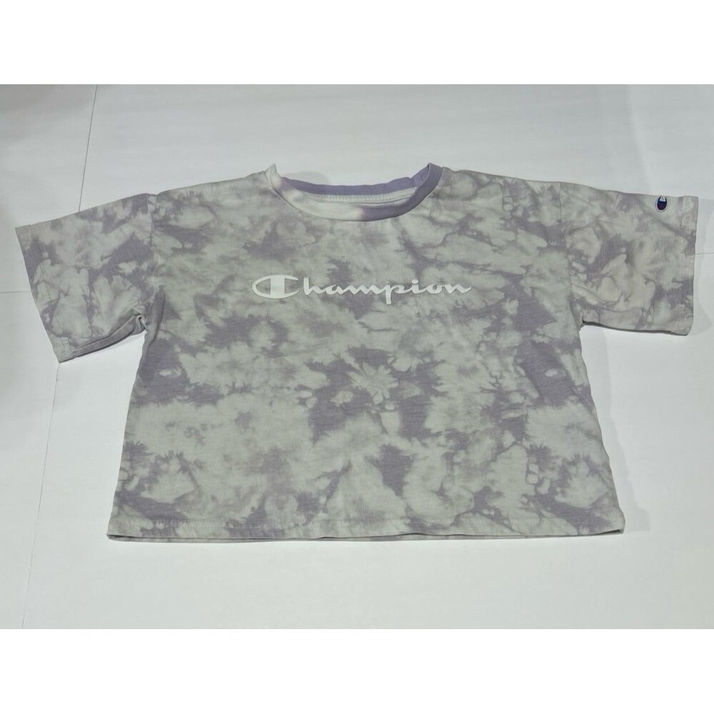 Champion Women's Large Purple Tie Dye Crop Graphic T-Shirt Short Sleeve Stains